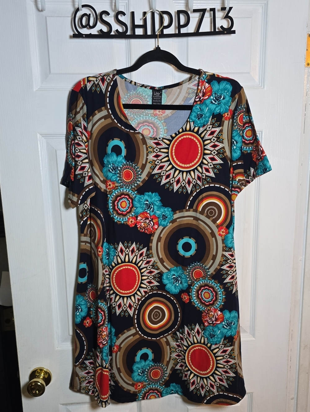 Polyester blend tunic dress, Lildy printed pocket swing tunic, size 2XL-3XL